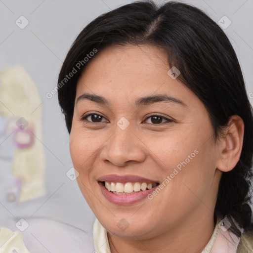 Joyful white young-adult female with medium  brown hair and brown eyes