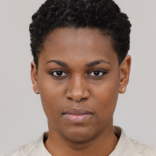 Neutral black young-adult female with short  black hair and brown eyes