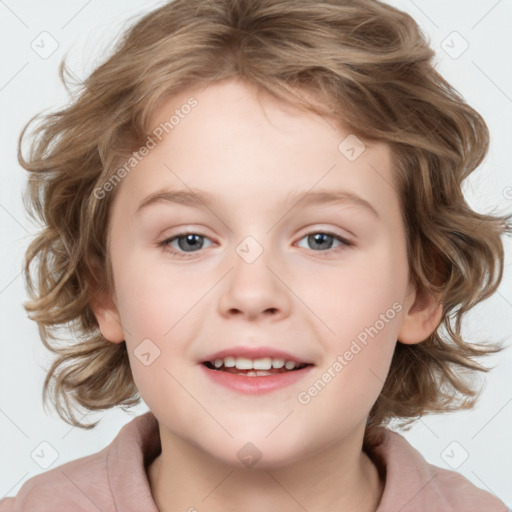 Joyful white child female with medium  brown hair and grey eyes