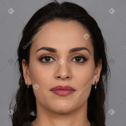 Joyful white young-adult female with long  brown hair and brown eyes