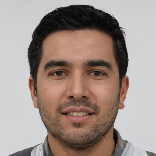 Neutral white young-adult male with short  black hair and brown eyes