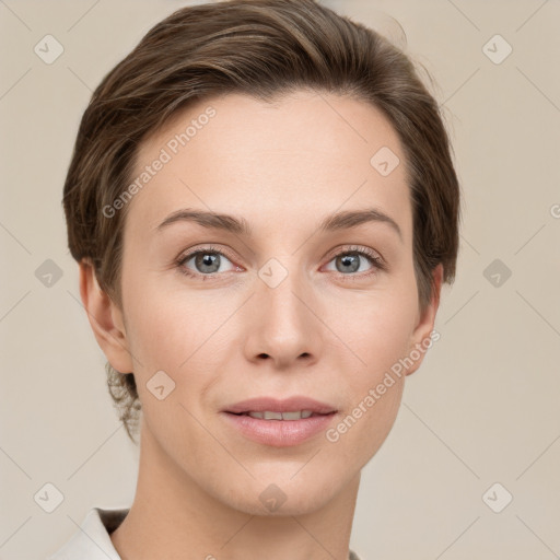 Joyful white young-adult female with short  brown hair and grey eyes