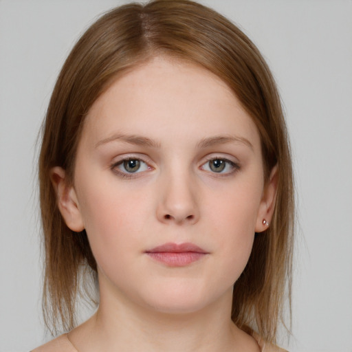 Neutral white young-adult female with medium  brown hair and grey eyes