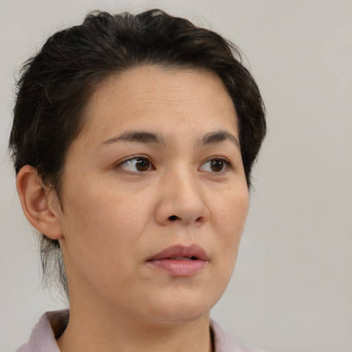 Neutral white adult female with short  brown hair and brown eyes