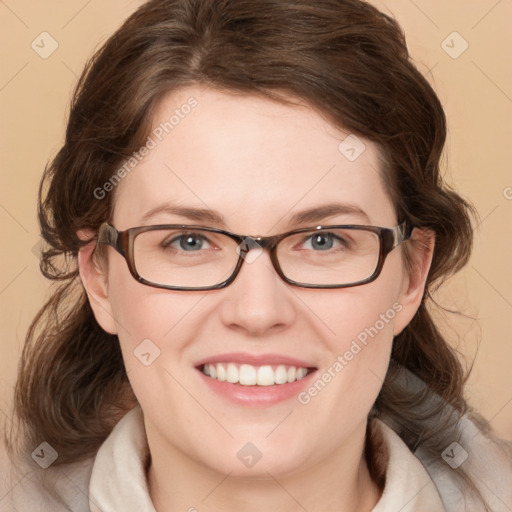 Joyful white young-adult female with medium  brown hair and blue eyes