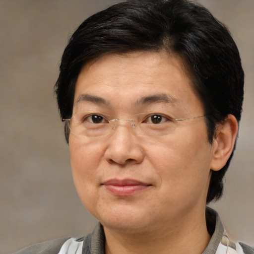 Joyful asian adult female with medium  brown hair and brown eyes