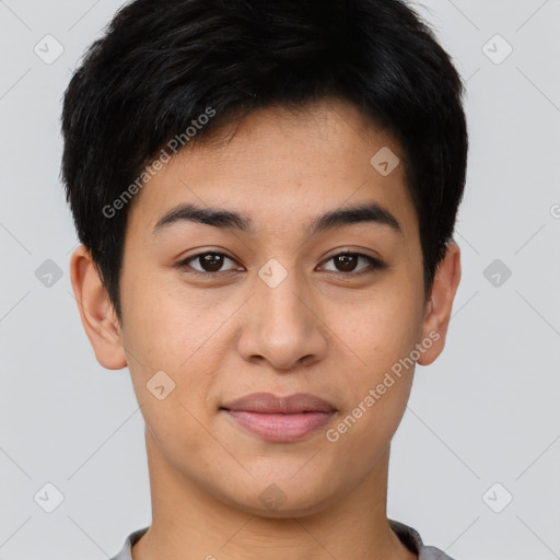 Joyful asian young-adult female with short  brown hair and brown eyes