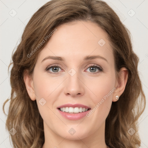 Joyful white young-adult female with long  brown hair and green eyes