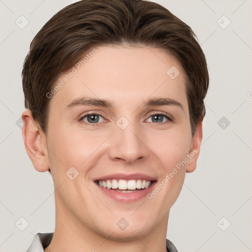 Joyful white young-adult female with short  brown hair and grey eyes