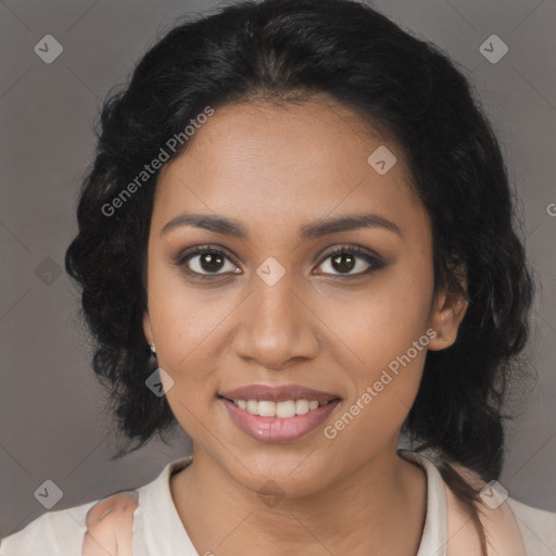 Joyful latino young-adult female with medium  brown hair and brown eyes