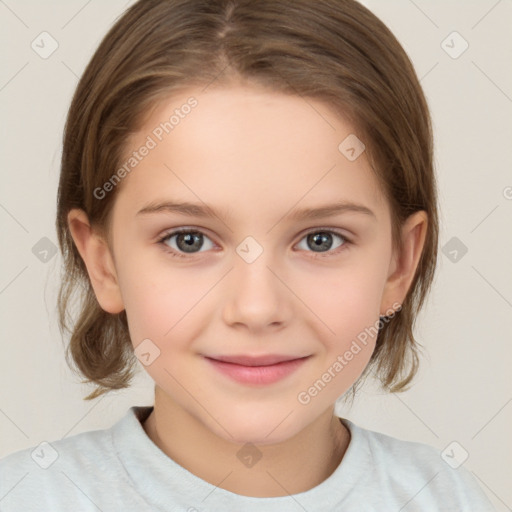 Joyful white child female with medium  brown hair and brown eyes