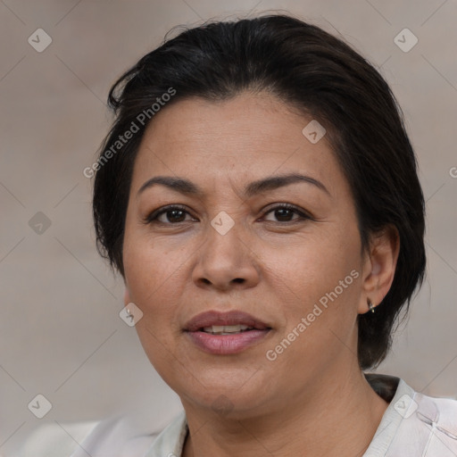 Joyful white adult female with medium  brown hair and brown eyes