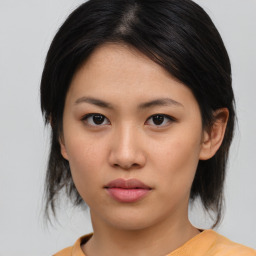 Neutral asian young-adult female with medium  brown hair and brown eyes