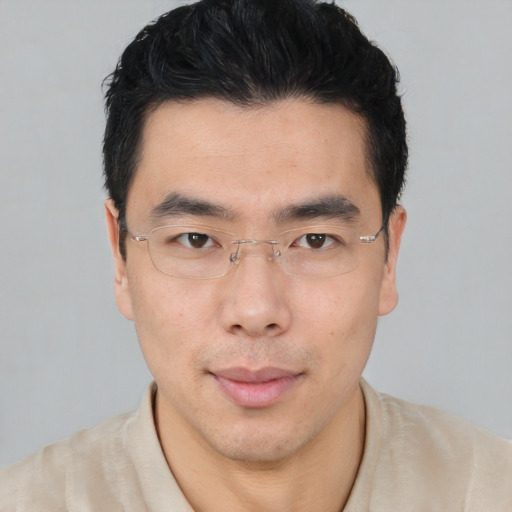Neutral asian young-adult male with short  black hair and brown eyes