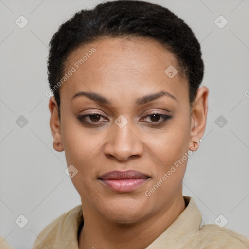 Joyful latino young-adult female with short  brown hair and brown eyes