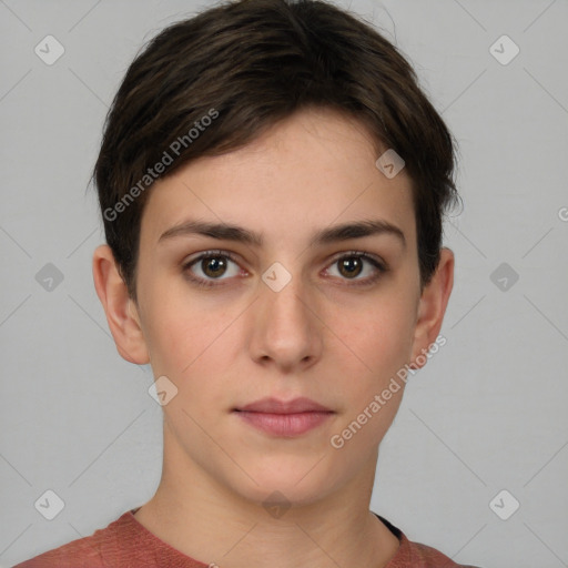 Neutral white young-adult female with short  brown hair and brown eyes