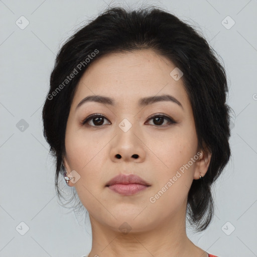 Neutral asian young-adult female with medium  black hair and brown eyes