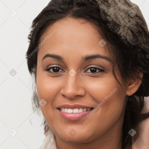 Joyful latino young-adult female with long  brown hair and brown eyes