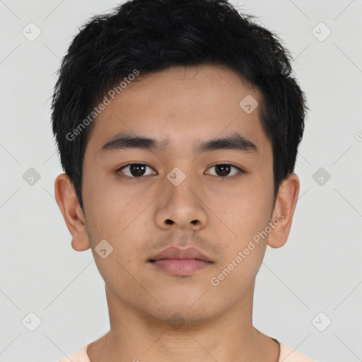 Neutral asian young-adult male with short  brown hair and brown eyes