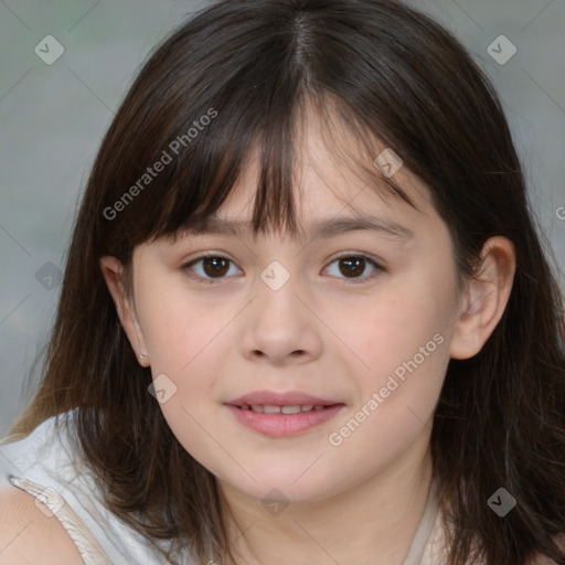 Joyful white child female with medium  brown hair and brown eyes