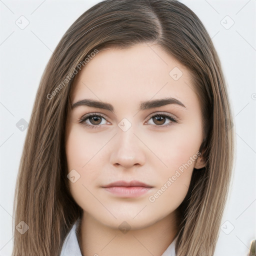 Neutral white young-adult female with long  brown hair and brown eyes