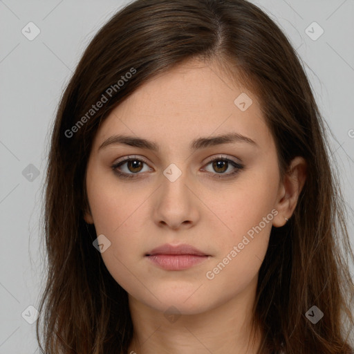 Neutral white young-adult female with long  brown hair and brown eyes