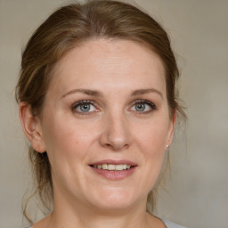 Joyful white adult female with medium  brown hair and blue eyes