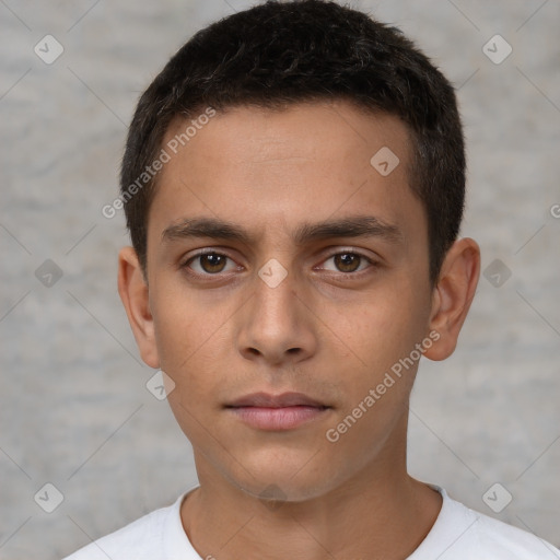 Neutral white young-adult male with short  brown hair and brown eyes