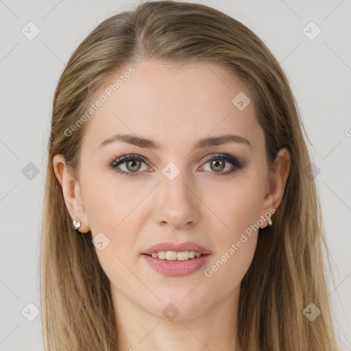 Joyful white young-adult female with long  brown hair and grey eyes