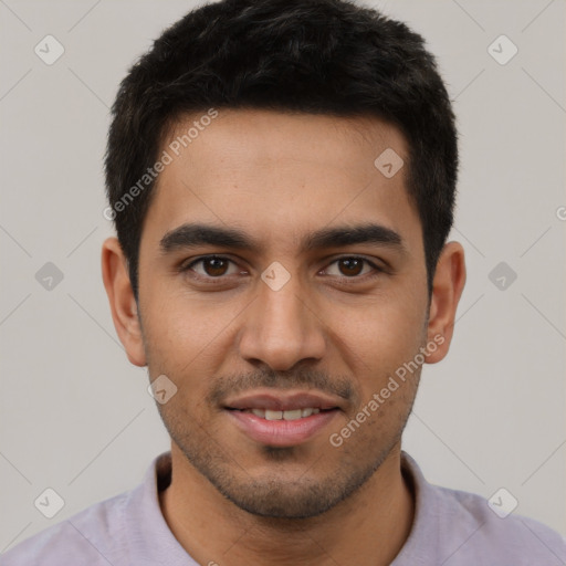 Joyful latino young-adult male with short  black hair and brown eyes