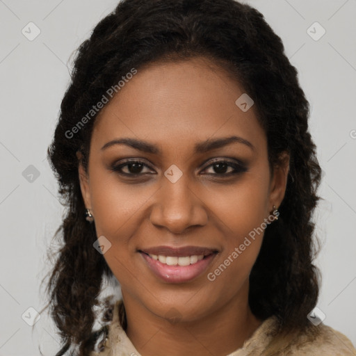 Joyful black young-adult female with medium  brown hair and brown eyes