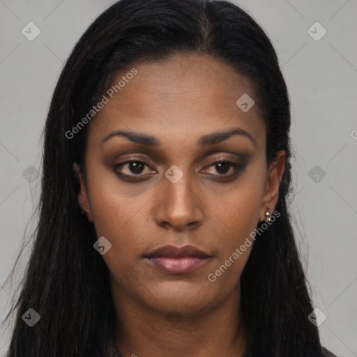 Neutral black young-adult female with long  black hair and brown eyes