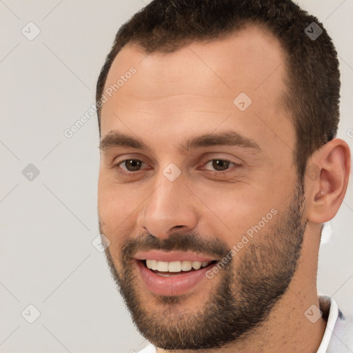 Joyful white young-adult male with short  brown hair and brown eyes