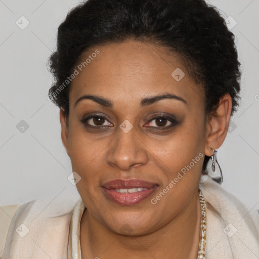 Joyful latino young-adult female with short  brown hair and brown eyes