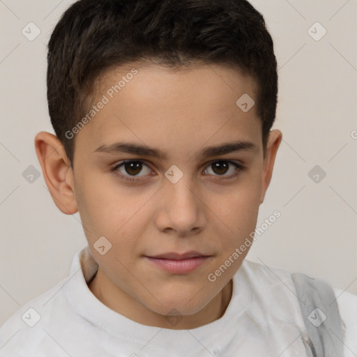 Joyful white child female with short  brown hair and brown eyes