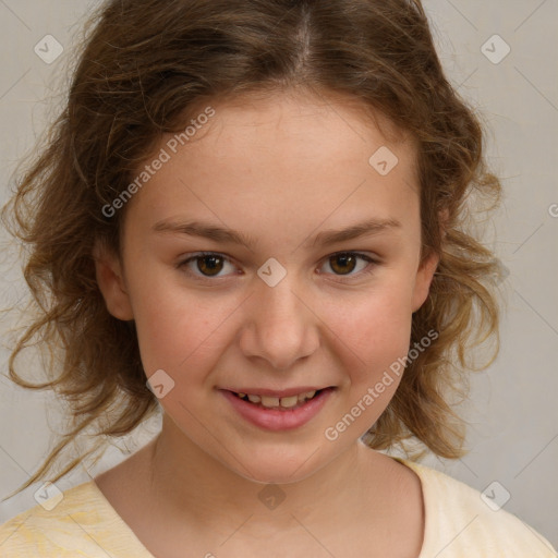 Joyful white child female with medium  brown hair and brown eyes