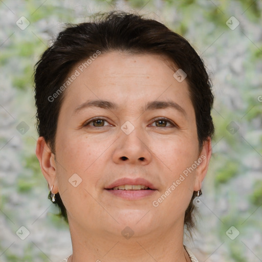 Joyful white adult female with short  brown hair and brown eyes