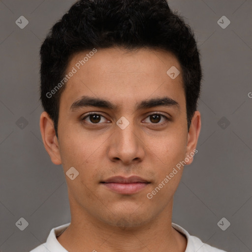 Neutral latino young-adult male with short  brown hair and brown eyes