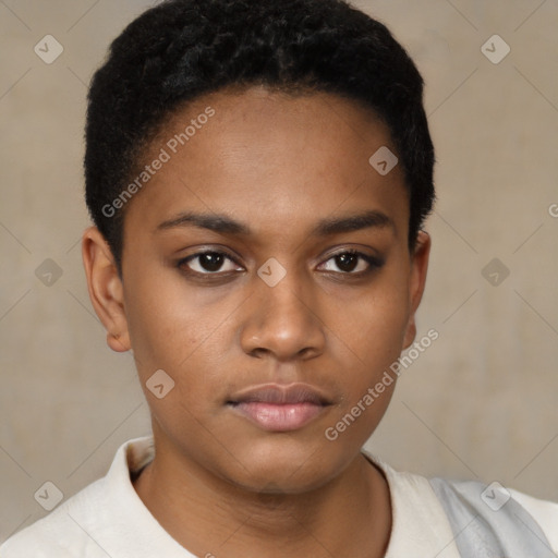 Neutral black young-adult female with short  brown hair and brown eyes