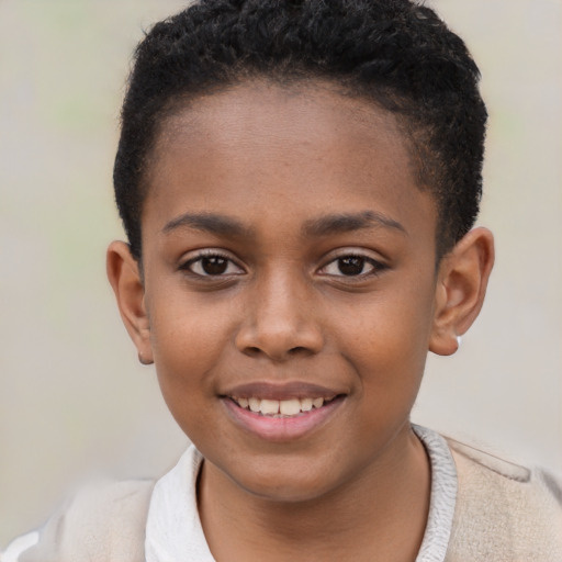 Joyful black child female with short  black hair and brown eyes