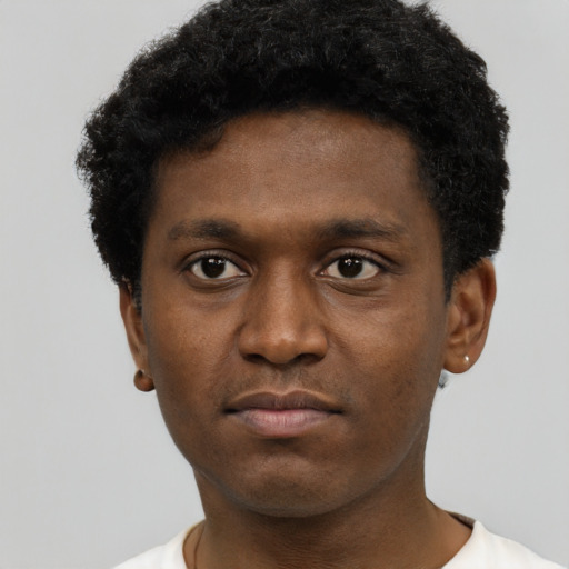 Neutral black young-adult male with short  black hair and brown eyes