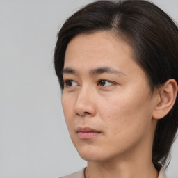 Neutral asian young-adult female with medium  brown hair and brown eyes