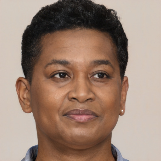 Joyful black adult female with short  brown hair and brown eyes