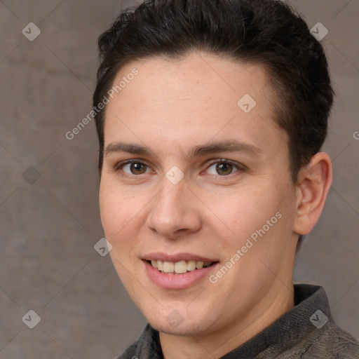 Joyful white adult female with short  brown hair and brown eyes