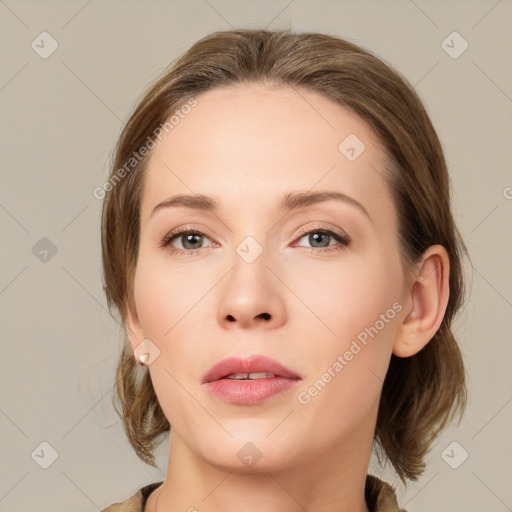 Neutral white young-adult female with medium  brown hair and grey eyes