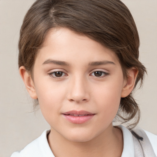 Joyful white child female with medium  brown hair and brown eyes