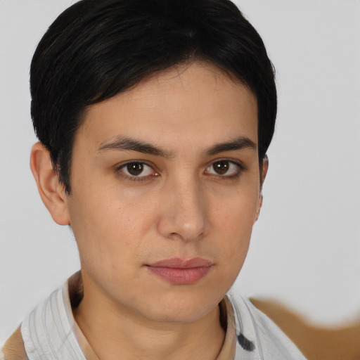 Neutral white young-adult female with short  brown hair and brown eyes
