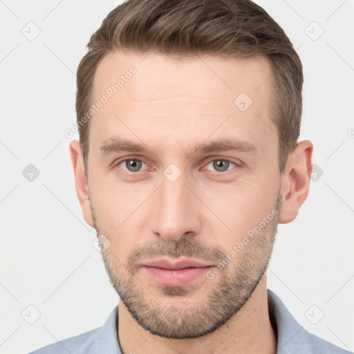 Neutral white young-adult male with short  brown hair and grey eyes