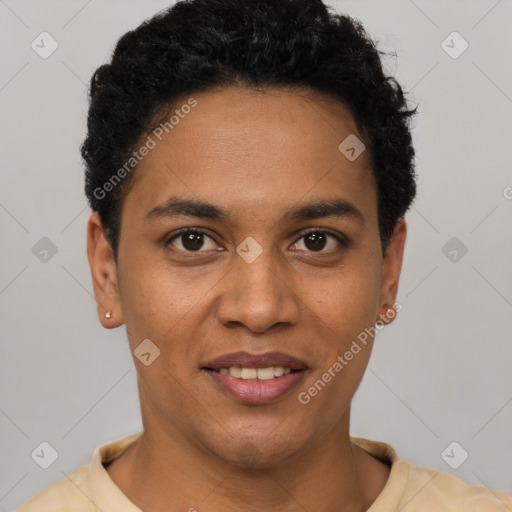 Joyful latino young-adult male with short  black hair and brown eyes