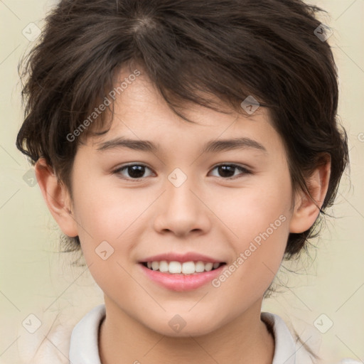 Joyful white child female with medium  brown hair and brown eyes